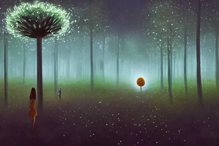 Image similar to giant daisy flower on head, girl walking in forest, big trees, surreal photography, dark night, stars, moon light, impressionist painting, clouds, digital painting, artstation, simon stalenhag