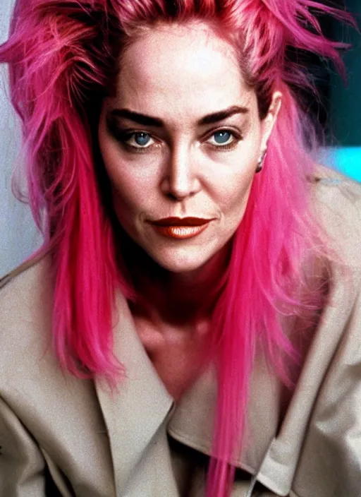 Prompt: Photo of a beautiful 20yo Sharon Stone (1995) with pink cyberpunk hairstyle, in the style of Mario Testino, detailed, 82 mm sigma art
