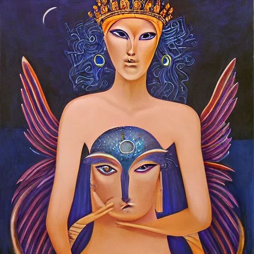 Prompt: Artemixel, the modern reincarnation of the old selenium god of hunt, also known as Artemis the Selene, carrying the celebrated Crown of the Crescent Moon, wich its usual bright and slightly bluish crescent like the brightness of the night. Portrait by Guillermo Lorca, oil on canvas