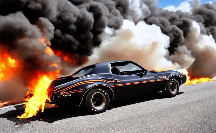 Prompt: a black 1 9 7 3 pontiac firebird trans am sd - 4 5 5 driving high speed, fire explosion in the background, action scen. realistic