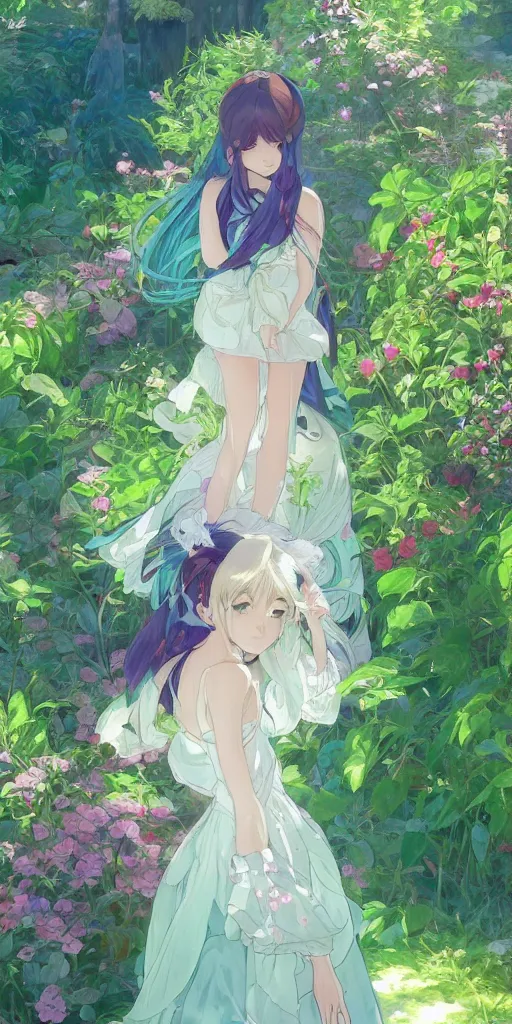 Image similar to a digital art of a loli with long hair in a dress in the privet garden at after noon, green and blue and warm theme, back lighting, highly detailed, 4 k resolution, trending on art station, elegant, by krenz cushart and mucha and akihito yoshida and greg rutkowski and makoto shinkai