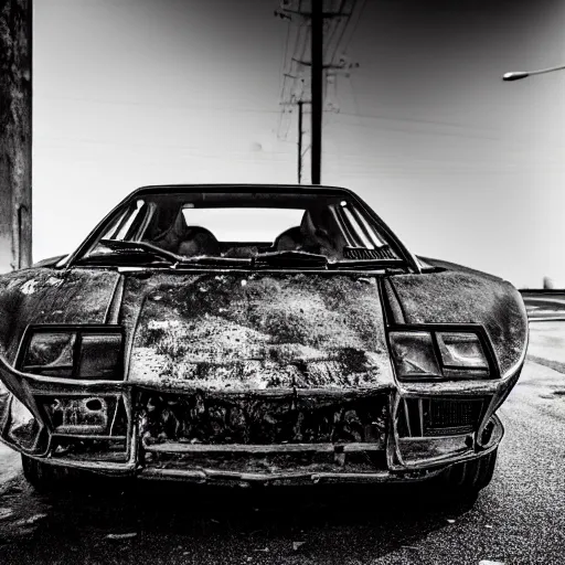 Prompt: black and white press photograph of a rusted abandoned lamborghini on a busy street, detailed, natural light, mist, film grain, soft vignette, sigma 5 0 mm f / 1. 4 1 / 1 0 sec shutter, imax 7 0 mm footage