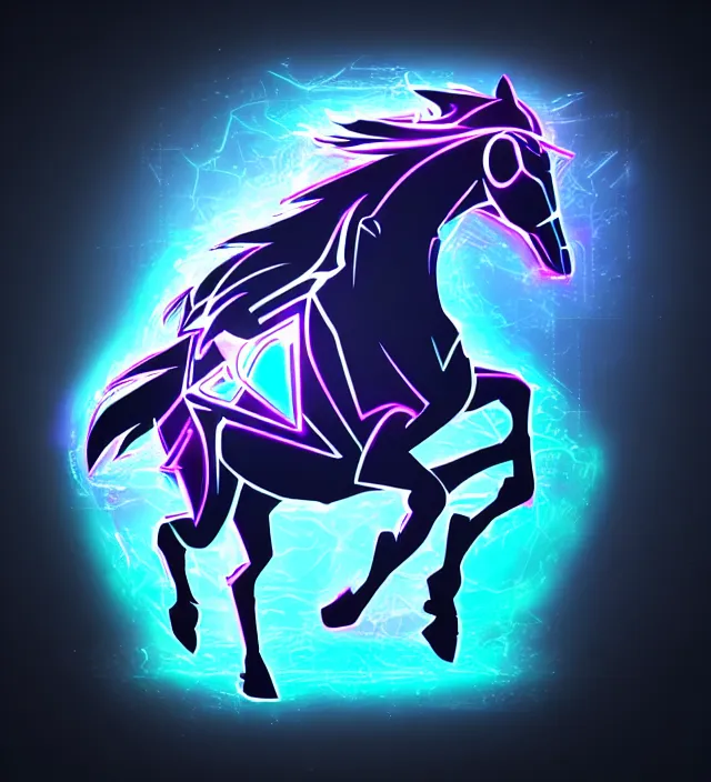 Image similar to studio beautiful cyberpunk esports horse logo for a horse!!!!!! studio level special effects and particles, intricate!!!!! professional, global illumination, clean, minimalistic, hyperdetailed, epic