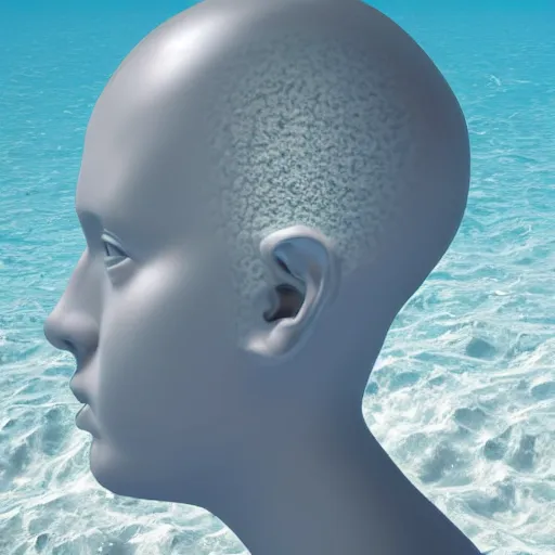 Prompt: award winning sculpture of a human head and space, on the surface of the ocean, realistic water, ray tracing, 8 k resolution, long - shot, sharp focus, low angle, 8 5 mm photograph, wide lens