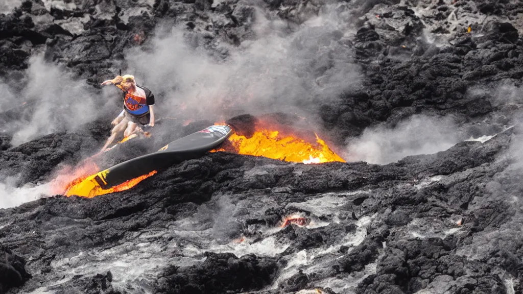 Image similar to person wearing a sponsored team jersey with logos surfing down a river of lava on the side of a volcano on surfboard, action shot, dystopian, thick black smoke and fire, sharp focus