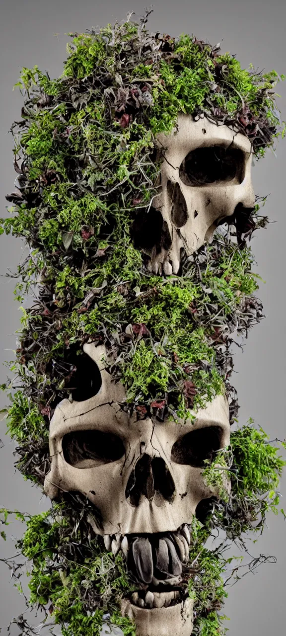 Prompt: robot skull degraded and filled with plants, stunning, 4 k, detailed,