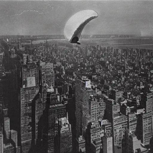 Prompt: 1 9 1 0's photography of a ufo over new york city