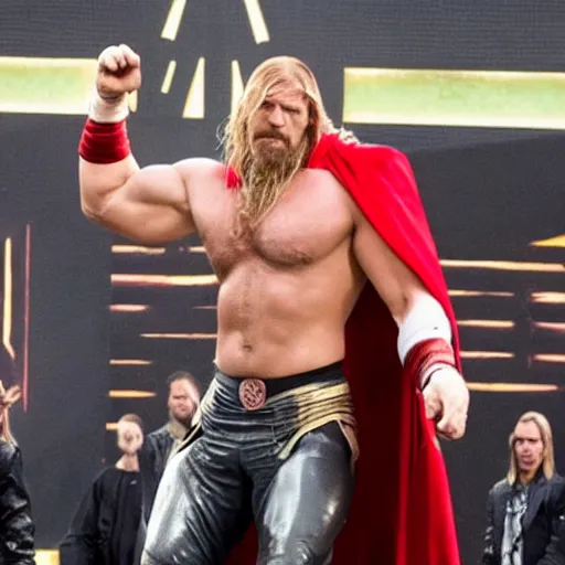 Prompt: triple h as thor entering the entrance of wwe stage