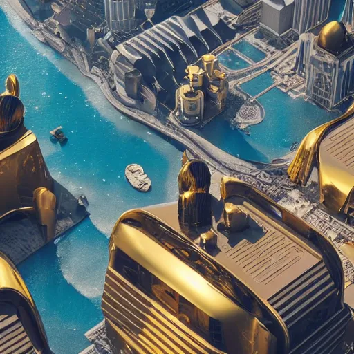 Image similar to a golden fantasy sci fi luxurious city with cerulean oceansides, scandinavian / norse influenced, cinematic, ray traced, octane render, cinematic lighting, ultrarealistic, featured on artstation, 8 k uhd artwork