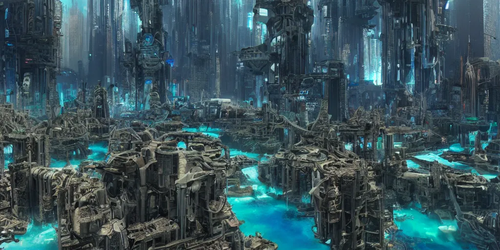 Prompt: cyberpunk lost city of Atlantis surrounded by oil slick, Disney, hyper real, detailed, octane render, 8k,