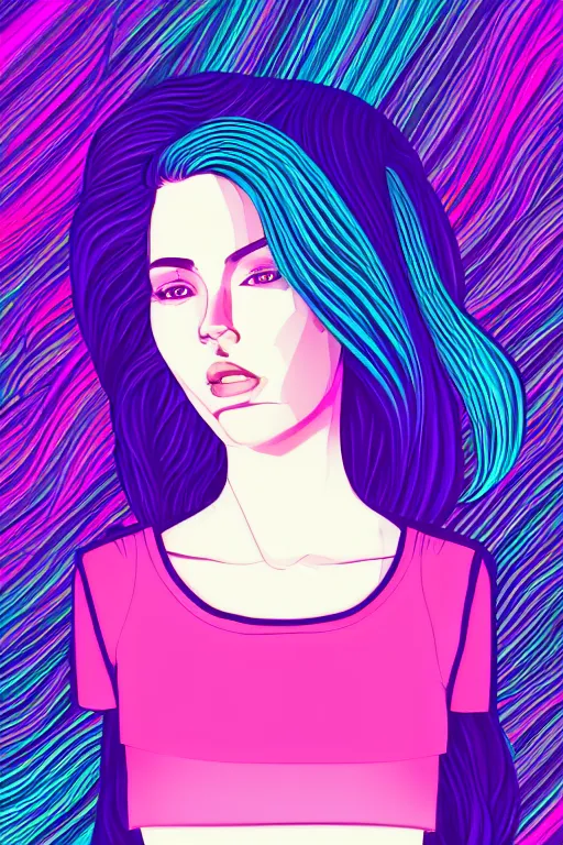 Image similar to a award winning half body portrait of a beautiful woman in a croptop and cargo pants with ombre purple pink teal hairstyle surrounded by whirling illuminated lines, outrun, vaporware, shaded flat illustration, digital art, trending on artstation, highly detailed, fine detail, intricate