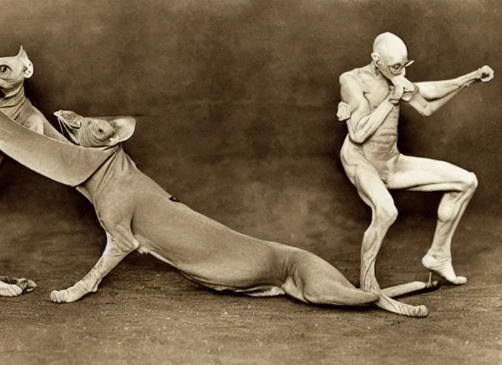 Prompt: hairless sphynx cat fighting in wwi