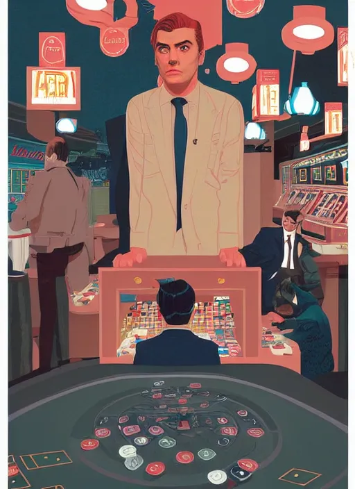 Image similar to Twin Peaks art, of Oscar Isaac in The Card Counter visiting the casino in Twin Peaks poster artwork by Tomer Hanuka, Sam Weber, Laurent Durieux, Katherine Lam from scene from Twin Peaks, from scene from Twin Peaks, clean, New Yorker magazine cover