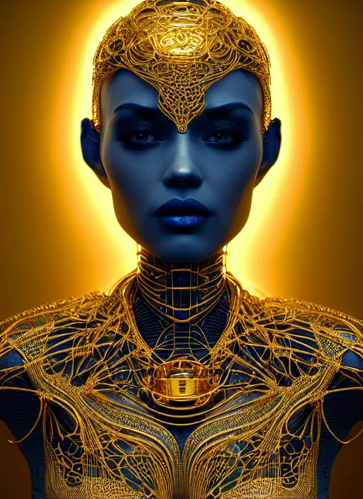 Image similar to three dimensional blueprints for an absurdly beautiful, graceful, sophisticated, fashionable futuristic female golden robot, hyperdetailed illustration by irakli nadar and alexandre ferra, intricate linework, faberge, intricate gold headdress, dark atmosphere, unreal engine 5 highly rendered, global illumination, radiant light, detailed and intricate environment
