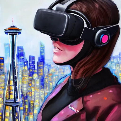 Image similar to a painting of a cat wearing virtual reality headset with seattle skyline in the background, cyberpunk art by hikari shimoda, trending on artstation, panfuturism, dystopian art, circuitry, sci - fi