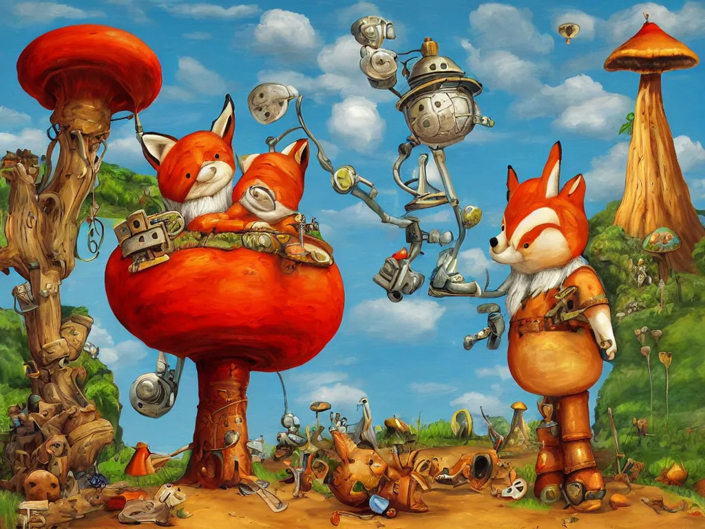 Prompt: painting depicting a gnome and a fox embracing under a large mushroom, a friendly rusty robot, gnome, fox, robot, in the style of Salvador Dali