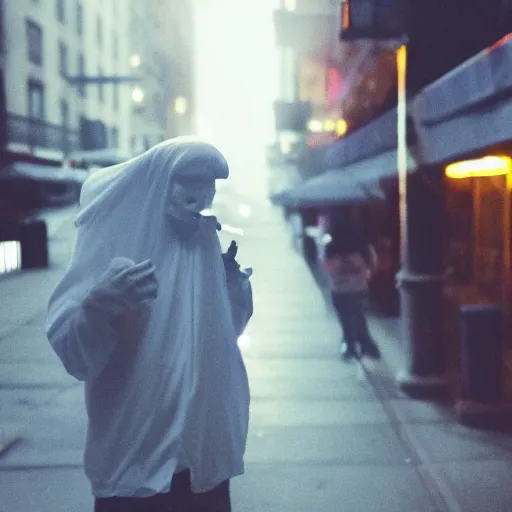 Image similar to digital art of a haunted sheet smoking a cigarette on NYC sidewalk, city lights, trending on artstation, 8k, 4k, volumetric lighting, volumetric lighting, award-winning, lighthearted, cinematic composition, hd, fun