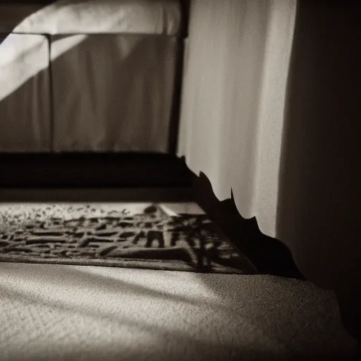 Prompt: A monster is hiding under your bed, dark ambiance, shadows, film grain.