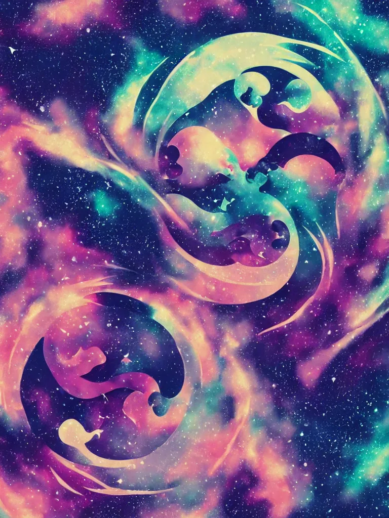 Image similar to ying yang symbol, composed of stars and colorful nebulas vintage, hokusai style, alfons mucha style, + octane render + hyper realistic