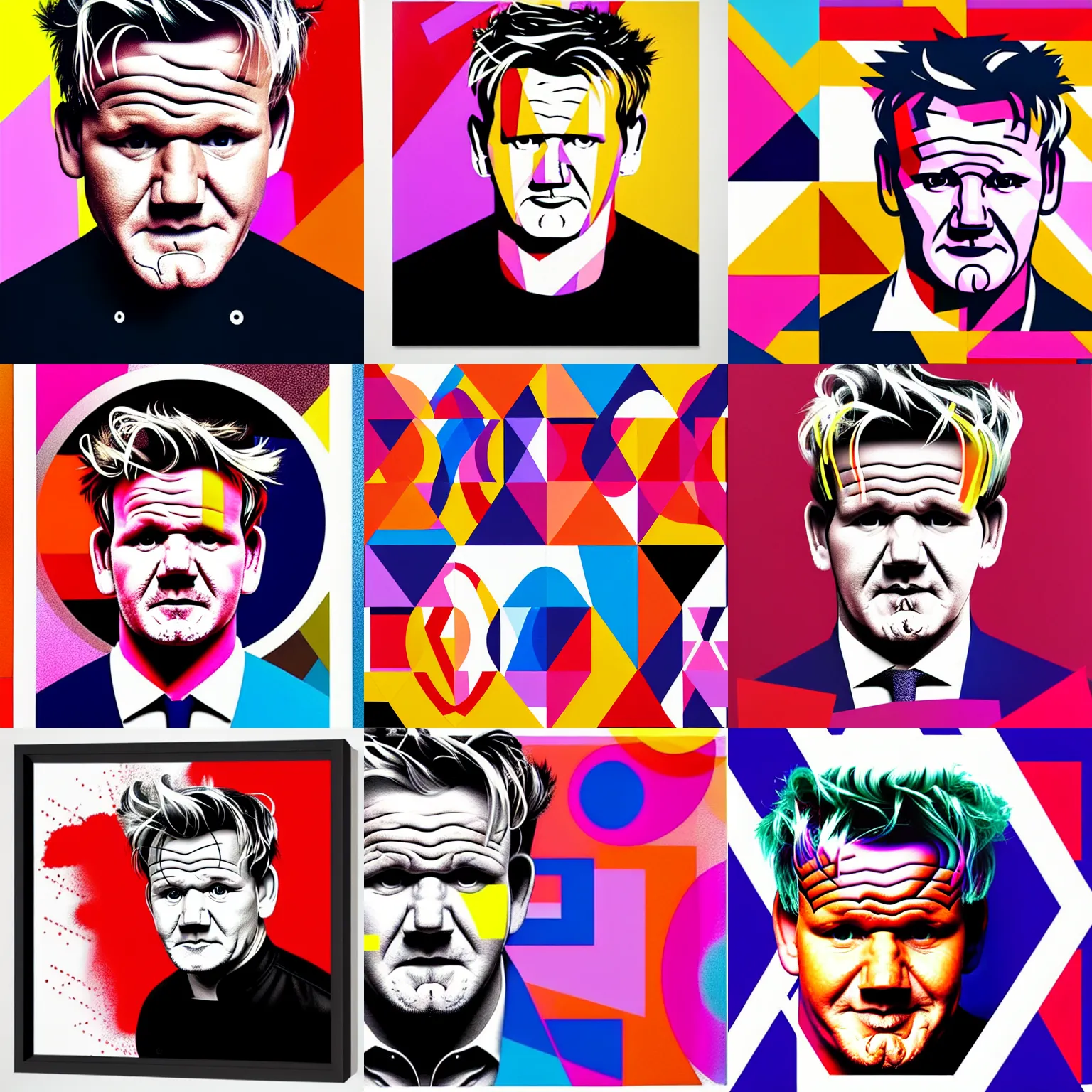 Prompt: A portrait of Gordon Ramsay, geometric art, rounded corners, candy colors, spray paint, bold graphics