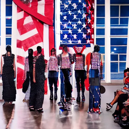 Image similar to dystopian fashion incorporating red white and blue, brutalist fashion show