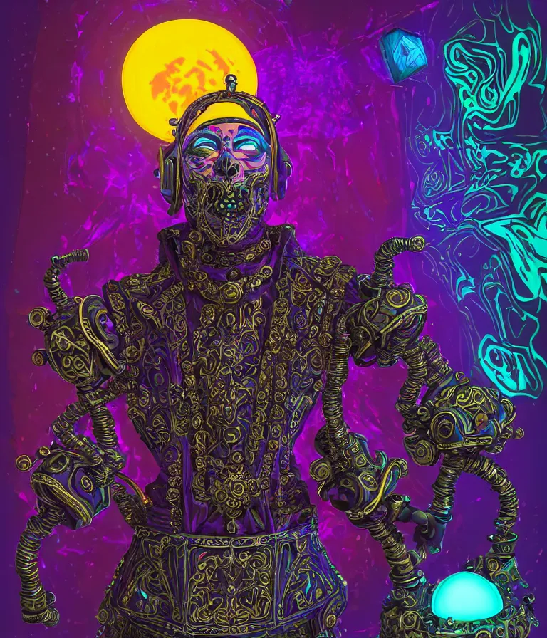 Image similar to front!!! shot of a court jester!!! character, hyperdimensional, (bioluminescent) hypercubes, dark holography!!!, ((sunset)) ((psychedelic)), chrome, mechanical, (((intricate))), elegant, highly detailed, centered, (((artstation, concept art, smooth, sharp focus, artgerm, Tomasz Alen Kopera, Peter Mohrbacher, donato giancola, Joseph Christian Leyendecker, WLOP, Boris Vallejo))), mugshot!!!!!, ugly!!!!!!, octane render, nvidia raytracing demo, octane render, nvidia raytracing demo, octane render, nvidia raytracing demo, grainy, muted, 8K, digitalblasphemy, metatron