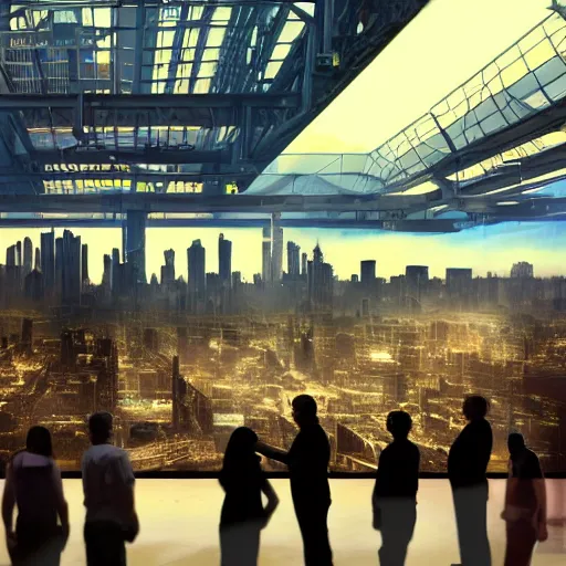 Prompt: large group people in a warehouse, looking at hologram of futuristic city on a table, cinematic concept art, godrays, golden hour, natural sunlight, 4 k, clear details, tabletop model buildings, tabletop model, hologram center