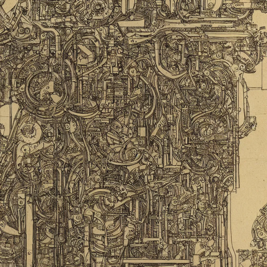 Image similar to close - up on detailed, intricate technical drawings from 1 8 4 0 with extensive written labels and covered in scribbled pencil notes, for a mechanical display attachment to babbage's difference engine, showing a screen playing tetris, beautiful, symmetric, art nouveau