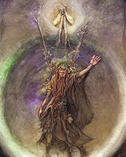 Image similar to a druid standing in a circle at the beginning of the world by brian froud