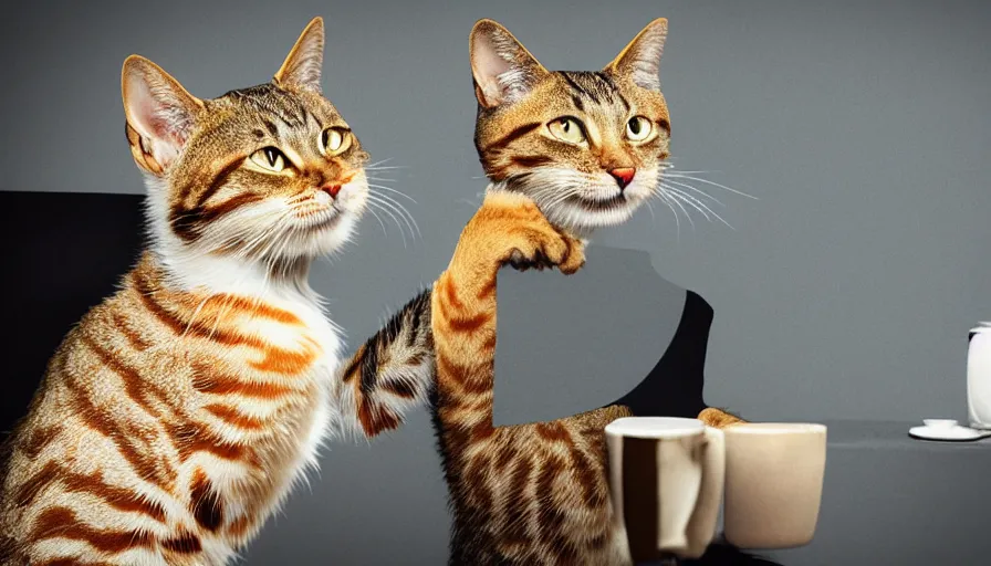 Image similar to a polite cat giving an interview, photograph, photorealistic rendering, movie still