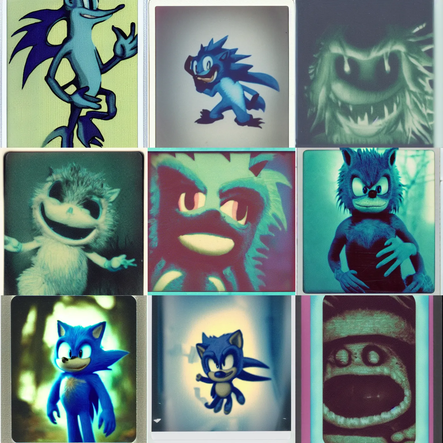 Prompt: medical instax polaroid film still of a sonic the hedgehog blue swamp creature with fangs and claws, dark forest, faded glow, anamorphic lens flare, creepypasta