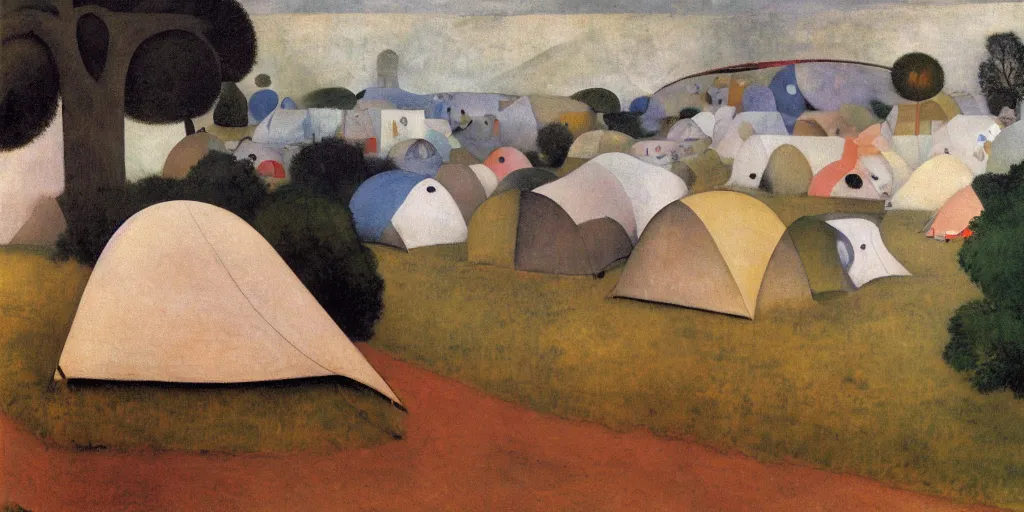 Prompt: beautiful stunning landscape of a homeless encampment in west baltimore, painted by grant wood, hilma af klint, joan miro