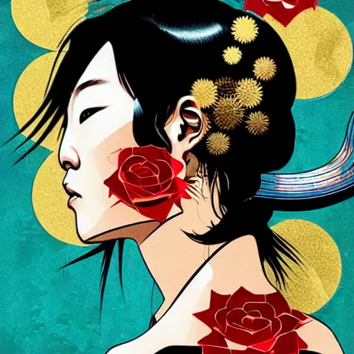 Image similar to portrait of japanese woman :: side profile :: in ocean :: guns metallic details :: gold :: blood and roses :: by MARVEL comics and Sandra Chevrier