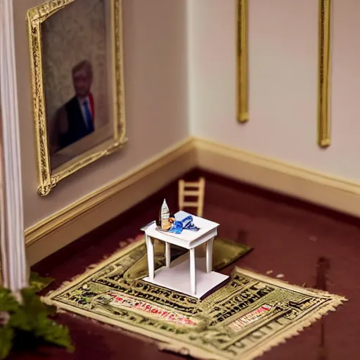 Prompt: dollhouse diorama of donald trump in the whitehouse, macro photography, canon, dslr