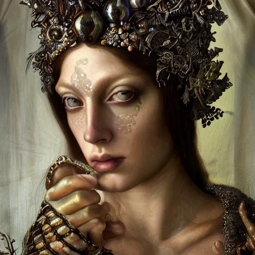 Prompt: a baroque neoclassicist closeup renaissance portrait of a beautiful forest queen with glowing eyes, moth wings with iridescent geometric patterns, reflective detailed textures, dark fantasy science fiction painting by diego rivera and donato giancola and jean delville and tom bagshaw and nicholas roerich, goth, dramatic lighting, gleaming silver and rich colors, artstation, octane render
