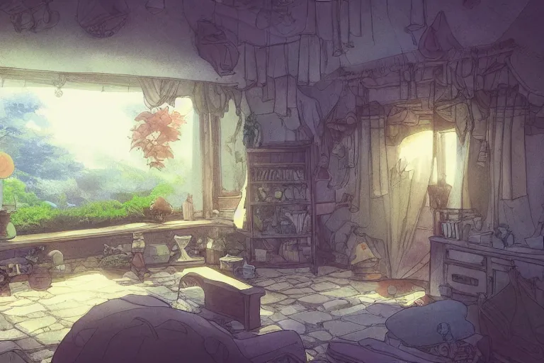 Image similar to interior wide angle shot of a fantasy countryside villa in the style of studio ghibli, moebius, makoto shinkai, dramatic volumetric lighting