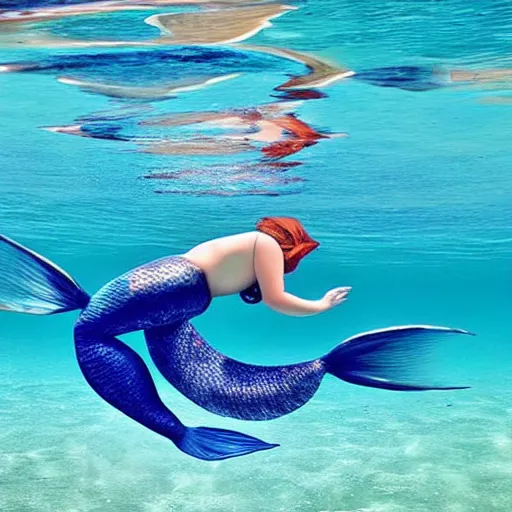 Image similar to beautiful curvy perfect mermaid under the water with flowing tail swims peacefully under the ocean surface on a warm sun filled day, her red hair trails behind her floating in the water. natural beauty gorgeous stunning photo