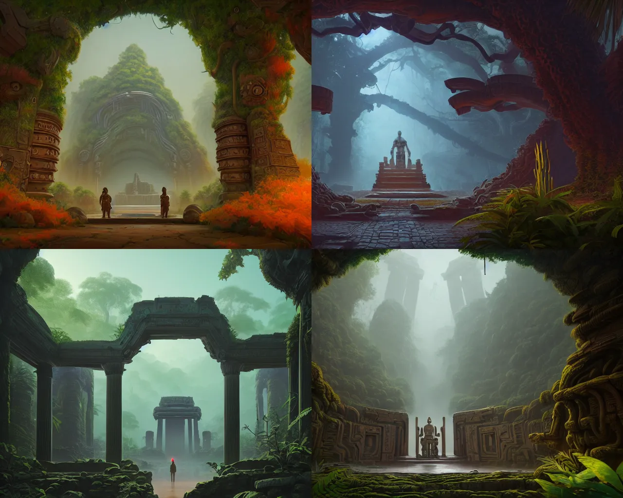 Prompt: A beautiful painting of Mysterious entrance of scifi ancient ruin temple with guard statues and beautiful relief, alien jungle forest, matte painting by Noah Bradley and James Gilleard, featured in artstation, octane render, cinematic, elegant, intricate, 8k