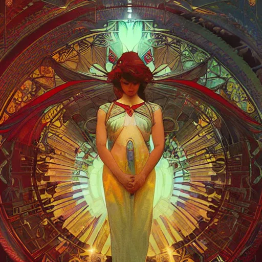 Prompt: the beautiful solarpunk phoenix, aesthetic red bird, volumetric light, bokeh, painting by greg rutkowski by alphonse mucha