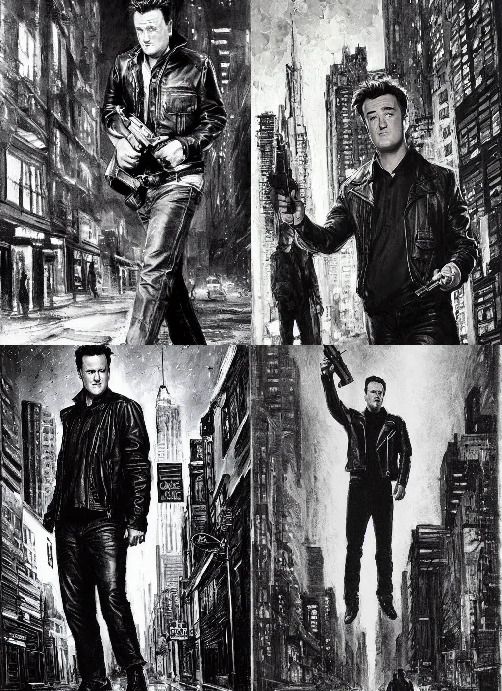 Prompt: chandler bing wearing a leather jacket holding a pistol, Manhattan street, nighttime, black and white, epic painting by James gurney