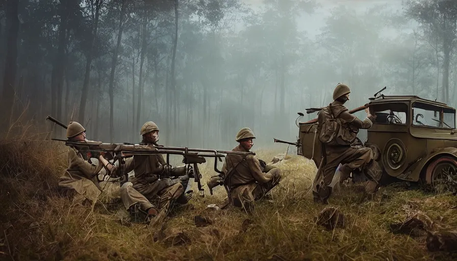 Image similar to British soldiers with a Lewis gun armed truck in 1921 in kerala forest road, tribe members attacking, action scene, an epic fantasy, dramatic lighting, cinematic, establishing shot, extremely high detail, photorealistic, cinematic lighting, artstation, matte painting by simon stalenhag, horizon forbidden west