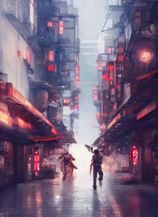 Image similar to erlang shen yang jian runs in ancient chinese city, cyberpunk style, space art, cgsociety, 8 k hd, rendered in maya, vary tracing, artstation, pixiv, krenz cushart