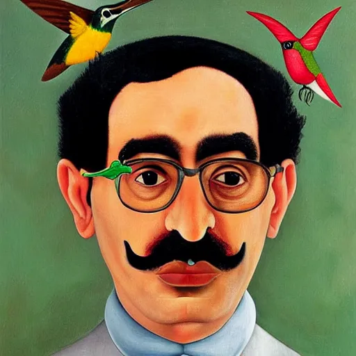 Image similar to painting Self-Portrait of groucho marx with Thorn Necklace and Hummingbird by Frida Kahlo