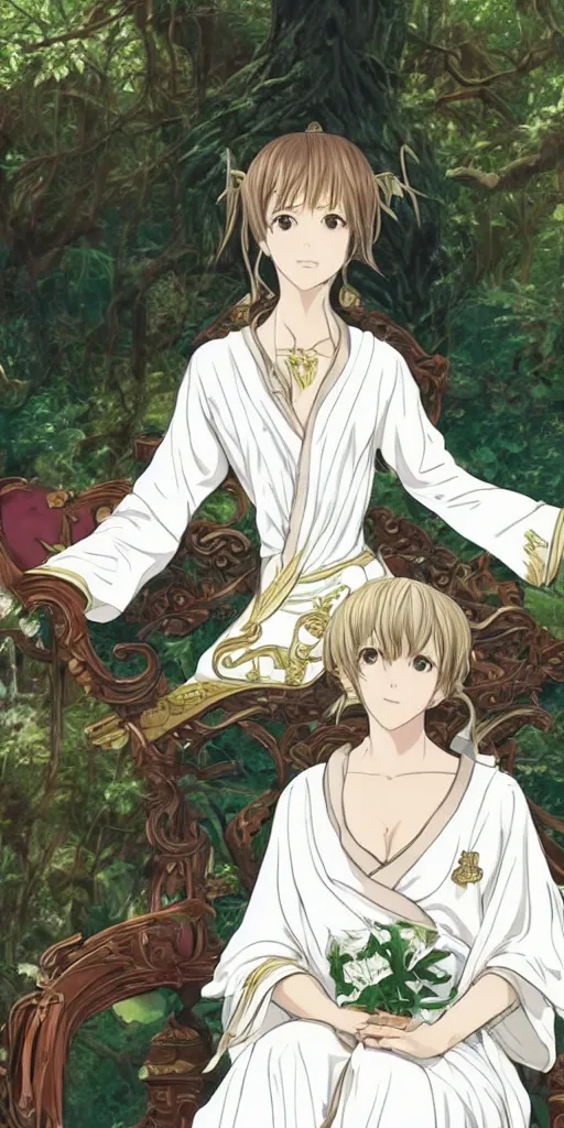 Image similar to an empress sitting by herself on a sofa in a forest wearing a white robe drawn by cloverworks studio, elegant, beauty, tarot card