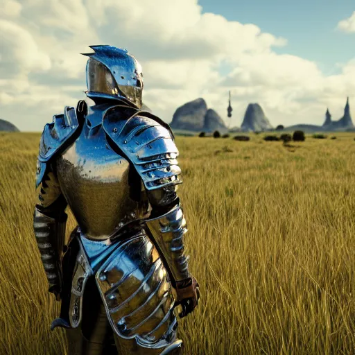 Prompt: detailed man wearing armor standing in a grass field with a massive kingdom in the background, unreal engine 5 rendered, incredibly highly detailed and realistic, 8 k, sharp focus, studio quality