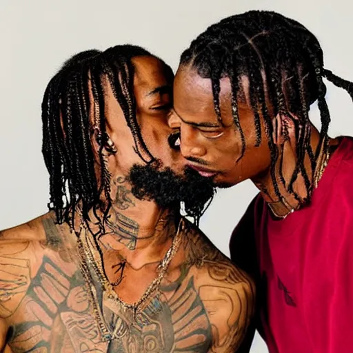 Image similar to studio photo of jesus kissing travis scott, studio portrait