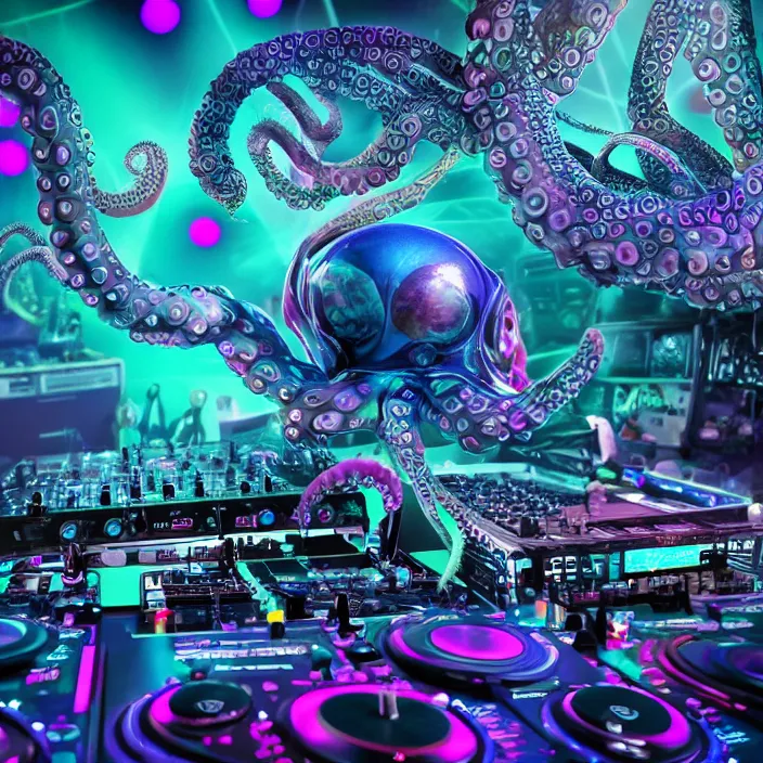 Image similar to award winning closeup photo of an octopus! as a dj with tentacles! simultaneously placed turntables cdjs and knobs of a pioneer dj mixer. sharp, blue and fuschia colorful lighting, in front of a large crowd, studio, medium format, 8 k detail, volumetric lighting, wide angle, at an outdoor psytrance festival main stage at night, concept art