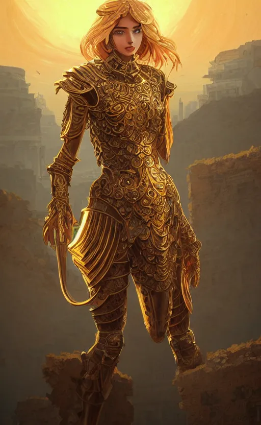 Prompt: portrait knights of zodiac girl, golden and copper shining armor, in ruined agora of athens sunrise, ssci - fi and fantasy, intricate and very very beautiful and elegant, highly detailed, digital painting, artstation, concept art, smooth and sharp focus, illustration, art by ilya kuvshinov and tian zi and wlop and z - - ed