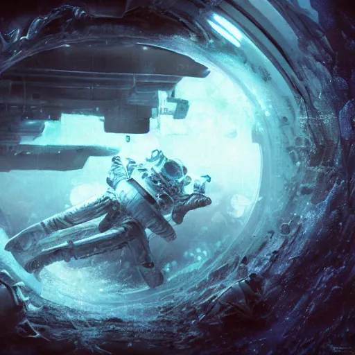 Image similar to infrared concept art by craig mullins astronaut in futuristic dark and empty spaceship underwater. complex and hyperdetailed technical suit. mandelbulb fractal. reflection and dispersion materials. rays and dispersion of light. volumetric light. 5 0 mm, f / 3 2. noise film photo. flash photography. octane render. interstellar movie art