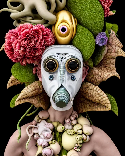 Prompt: a maximalist biomorphic portrait with with large eyes, expressive, wearing a botanical gas mask by arcimboldo, baroque painting by ayami kojima, mark ryden, haunting surrealism by dali, statue, high fashion design, focus on head, soft light, 4 k, octane high quality render